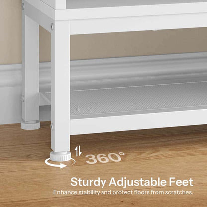 Close up of the sturdy white metal leg with a 360-degree rotating adjustable leveling feet peg for floor protection.