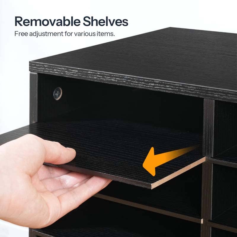 A hand is shown pulling out a black shelf from a black storage organizer to demonstrate its removable shelves. Text in the top left reads 'Removable Shelves' and 'Free adjustment for various items.