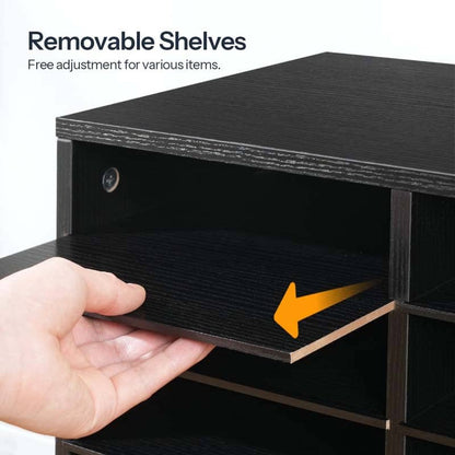 A hand is shown pulling out a black shelf from a black storage organizer to demonstrate its removable shelves. Text in the top left reads 'Removable Shelves' and 'Free adjustment for various items.