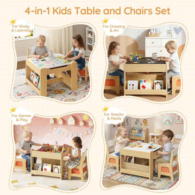 4-in-1 Kids Table and Chairs Set with various activities shown