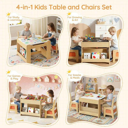 4-in-1 Kids Table and Chairs Set with various activities shown