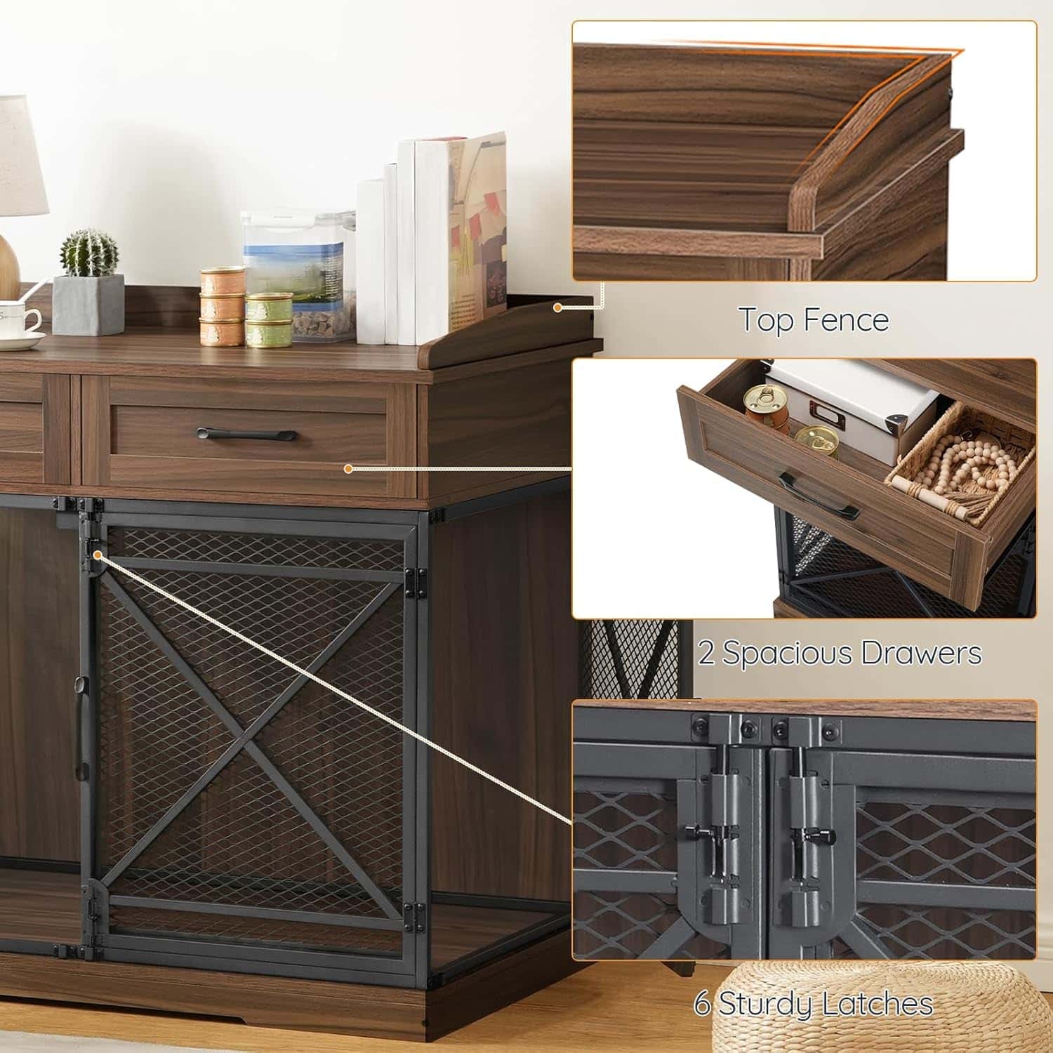 Wooden desk with metal accents, top fence, drawers, and latches on a white background.