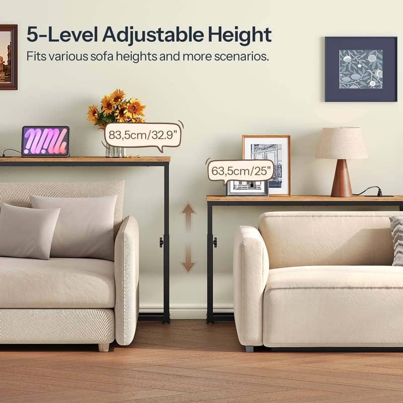 Adjustable black metal console table shown in a living room setting, with two sofas on either side and text indicating adjustable heights of 83.5cm/32.