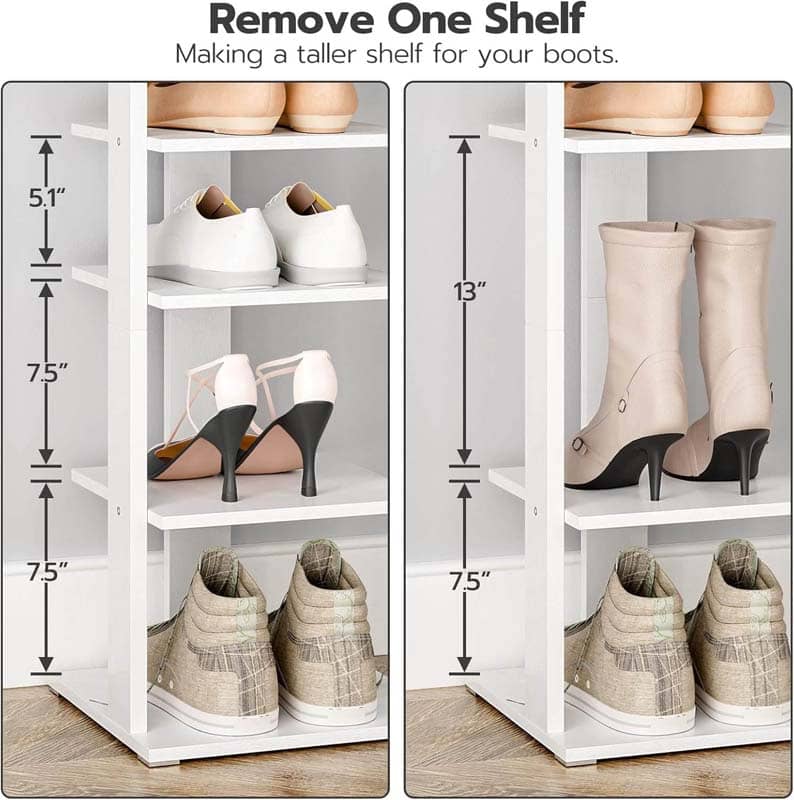 White shoe rack with adjustable shelves showing different shoe heights and measurements.