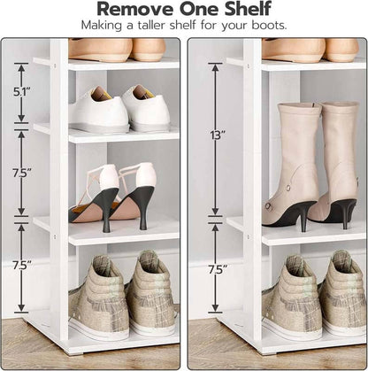 White shoe rack with adjustable shelves showing different shoe heights and measurements.