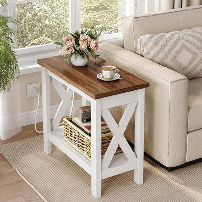 Wooden coffee table with a white base in a living room setting.