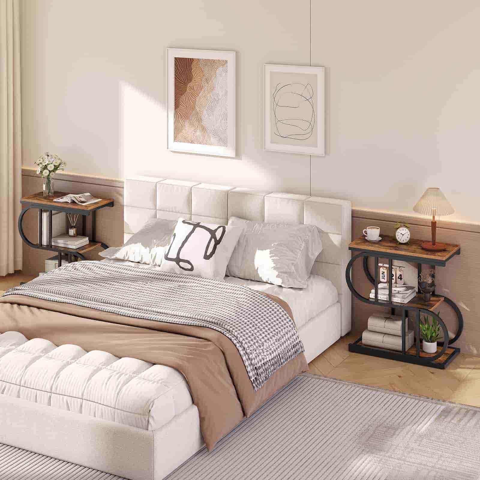 Modern bedroom with a bed, nightstands, and wall art.