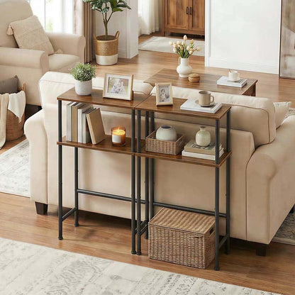 Console table in a living room setting with decor items