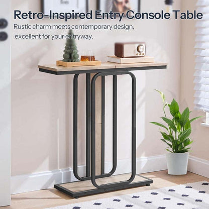 Industrial retro style accent display shelf holding a vintage radio in a narrow entryway corridor.
