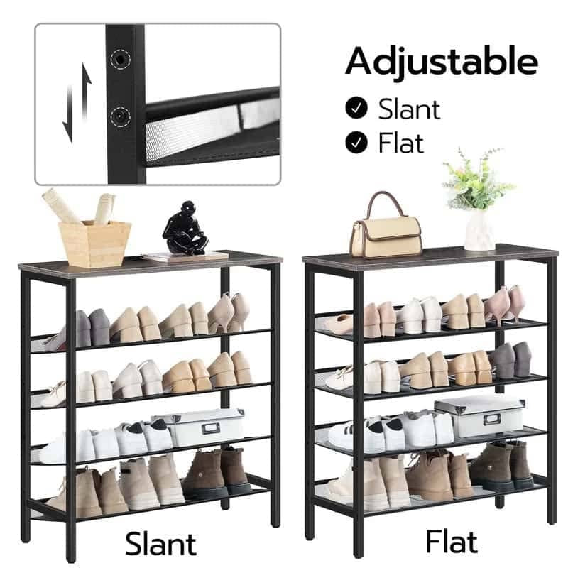 Two shoe racks with adjustable slant and flat options, displaying various shoes and accessories.