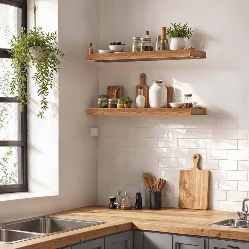Modern kitchen with wooden shelves, countertop, and window.