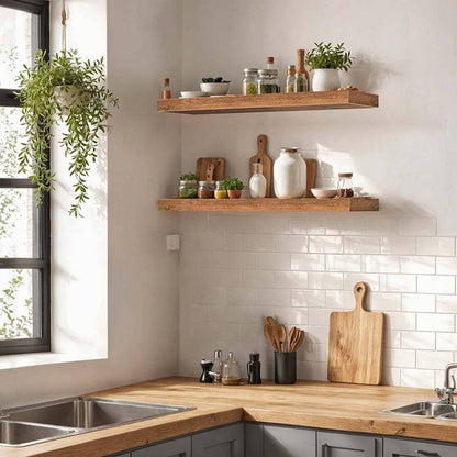 Modern kitchen with wooden shelves, countertop, and window.
