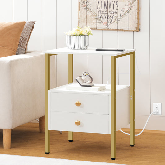HOOBRO End Table with Charging Station & 2 Drawers & USB Port & Type-C Port