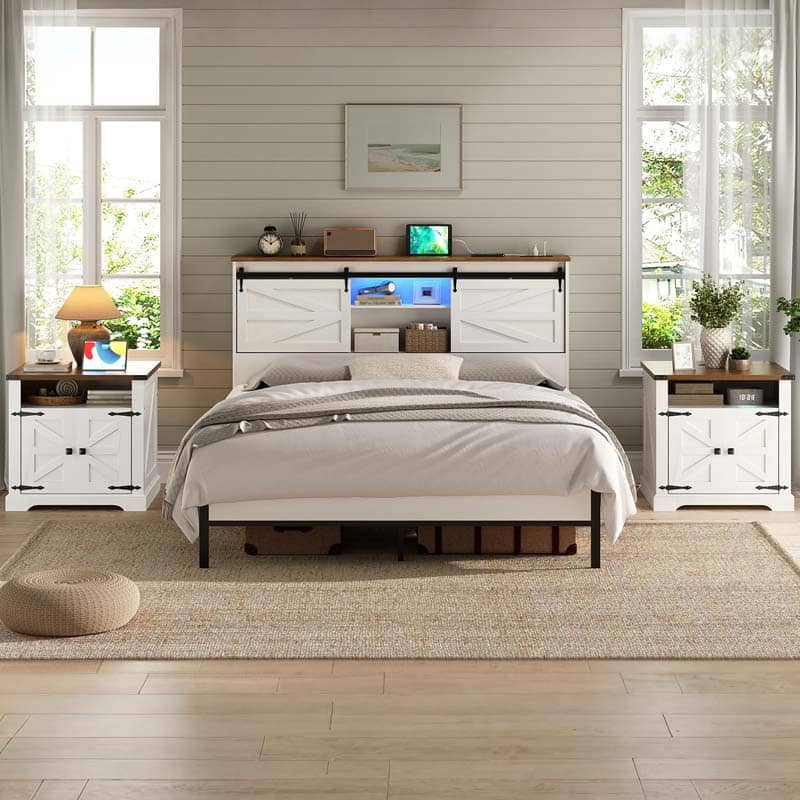 A white and dark wood bed frame with a matching headboard and footboard, styled in a bright, modern bedroom with two matching nightstands and large windows.