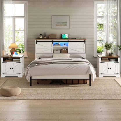 A white and dark wood bed frame with a matching headboard and footboard, styled in a bright, modern bedroom with two matching nightstands and large windows.