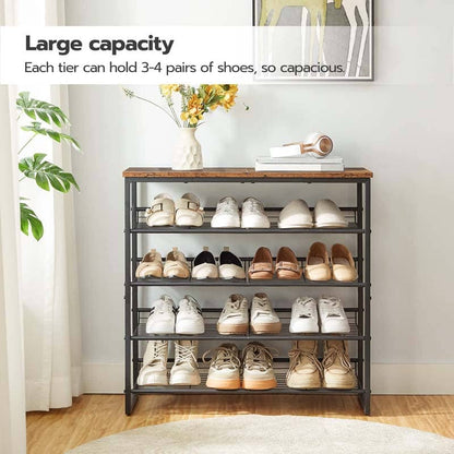 Shoe rack with multiple pairs of shoes on a wooden floor, with text indicating capacity.