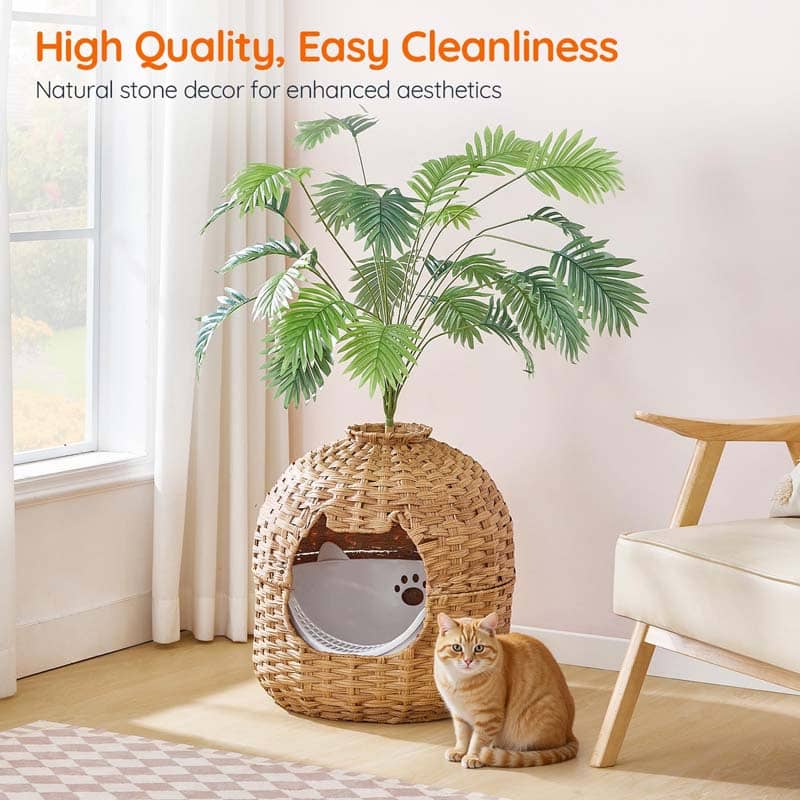 HOOBRO Rattan Cat Litter Box Enclosure with Faux Plant Decoration