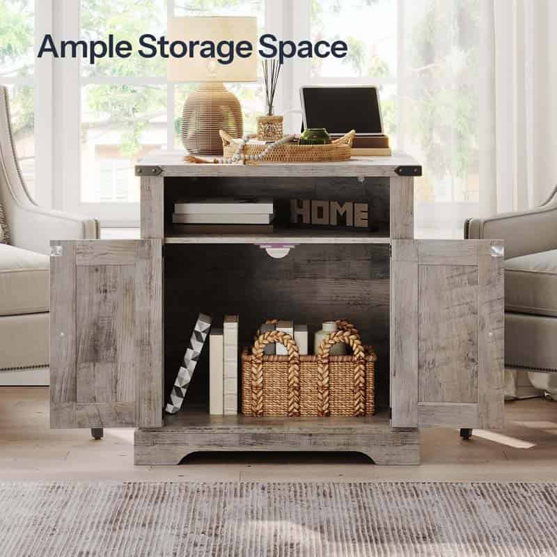 HOOBRO 23.6-inch Greige Wooden Bedside Table with Charging Station