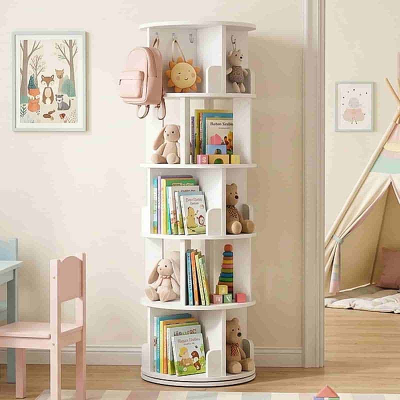 A white spiral rotating bookshelf in a child's room, styled with books, plush toys, a pink backpack, and a small sun-shaped hanging ornament.