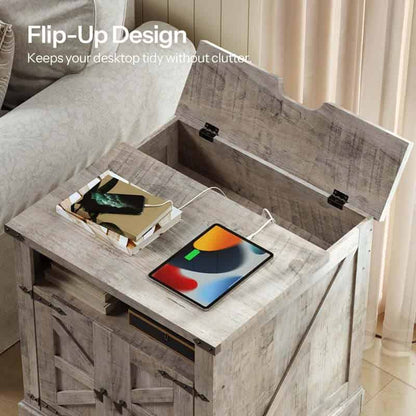 Wooden side table with flip-up design to keep a tablet and phone tidy.