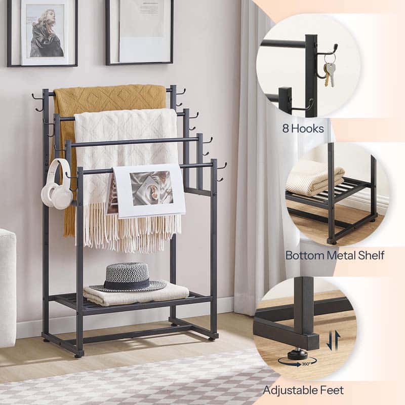 Multifunctional metal rack with hooks and shelf in a room setting
