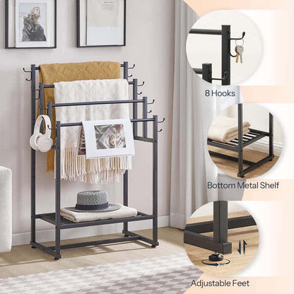 Multifunctional metal rack with hooks and shelf in a room setting