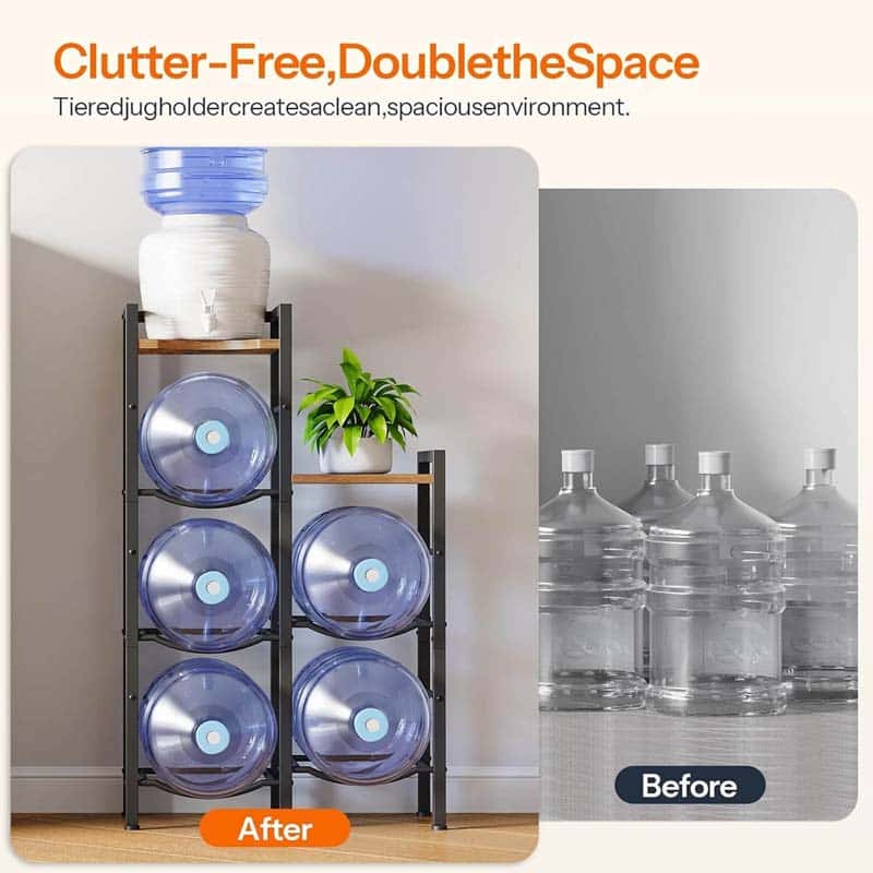 Before and after comparison chart showing a clutter-free room utilizing the double the space water jug rack.