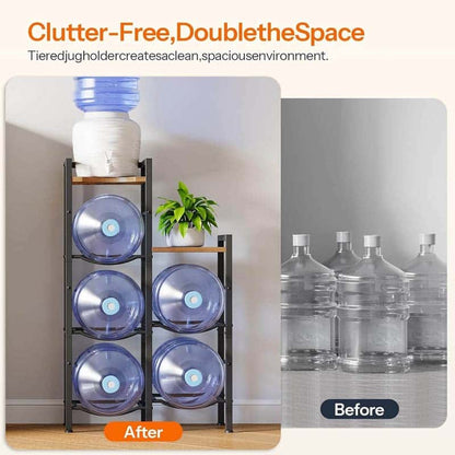 Before and after comparison chart showing a clutter-free room utilizing the double the space water jug rack.