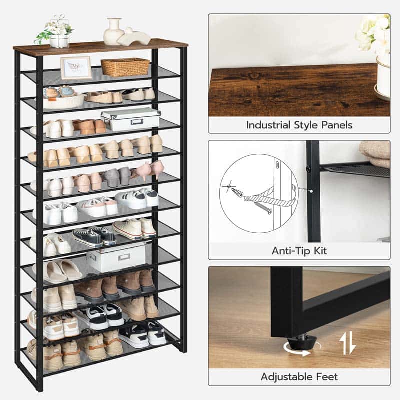 Shoe rack with multiple shelves filled with shoes, featuring industrial style panels and anti-tip kit details.