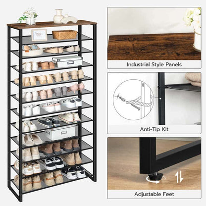 Shoe rack with multiple shelves filled with shoes, featuring industrial style panels and anti-tip kit details.
