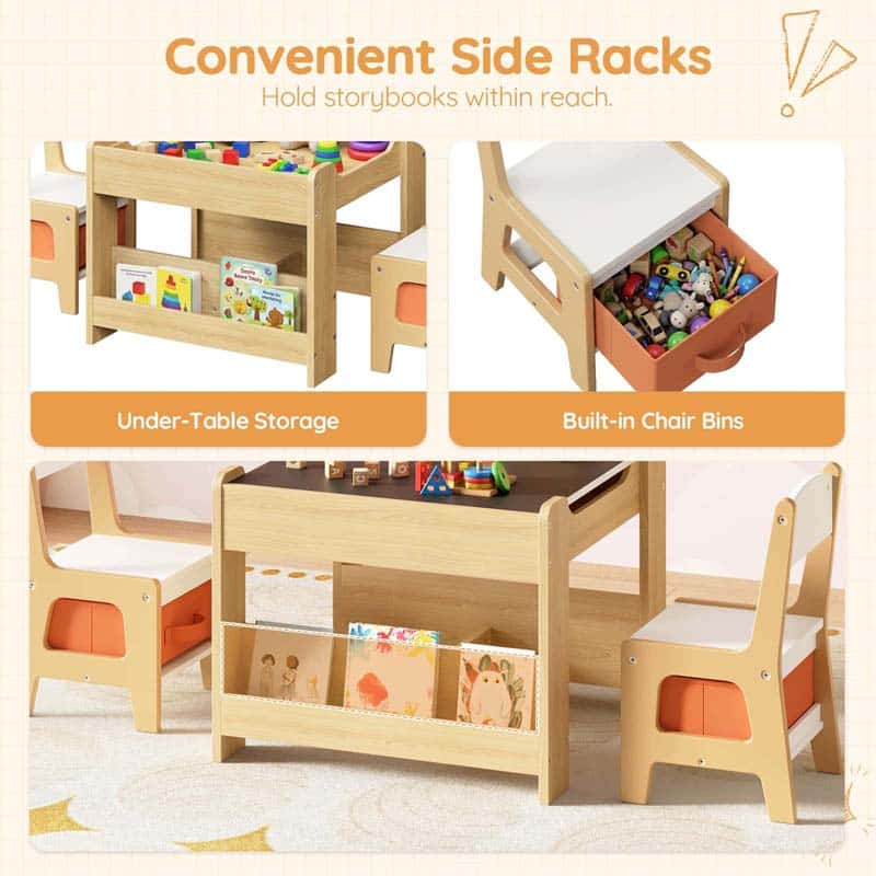Children's wooden play table and chairs with storage bins and bookshelves.