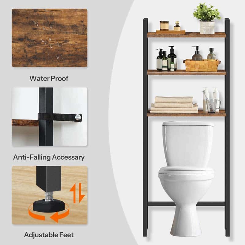 Bathroom shelving unit with water-proof, anti-falling accessory, and adjustable feet features.