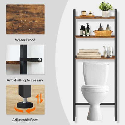 Bathroom shelving unit with water-proof, anti-falling accessory, and adjustable feet features.