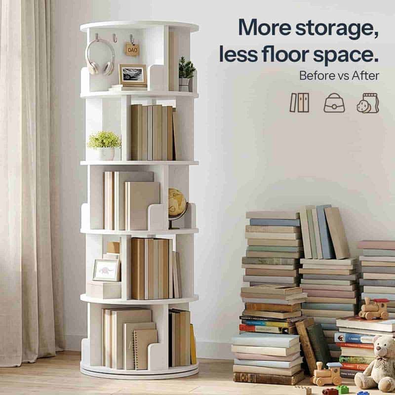 A white spiral floor bookshelf shown in a styled room scene with books, small decor items, a teddy bear, and text reading 'More storage, less floor space. Before vs after' on a light wall.