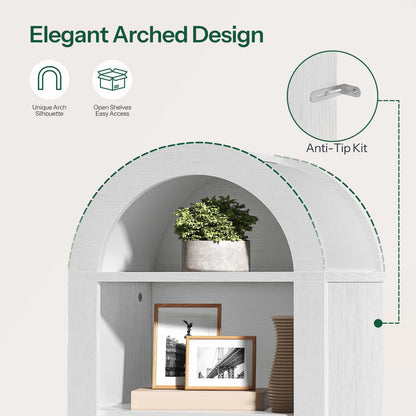 Arched shelving unit with plant, photos, and text highlighting design features on a white background