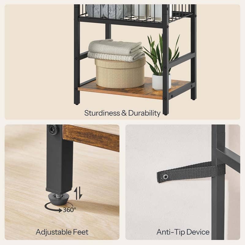 Collage of a shelf with items, close-up of adjustable feet, and anti-tip device on a beige background.