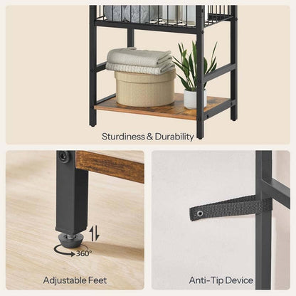 Collage of a shelf with items, close-up of adjustable feet, and anti-tip device on a beige background.