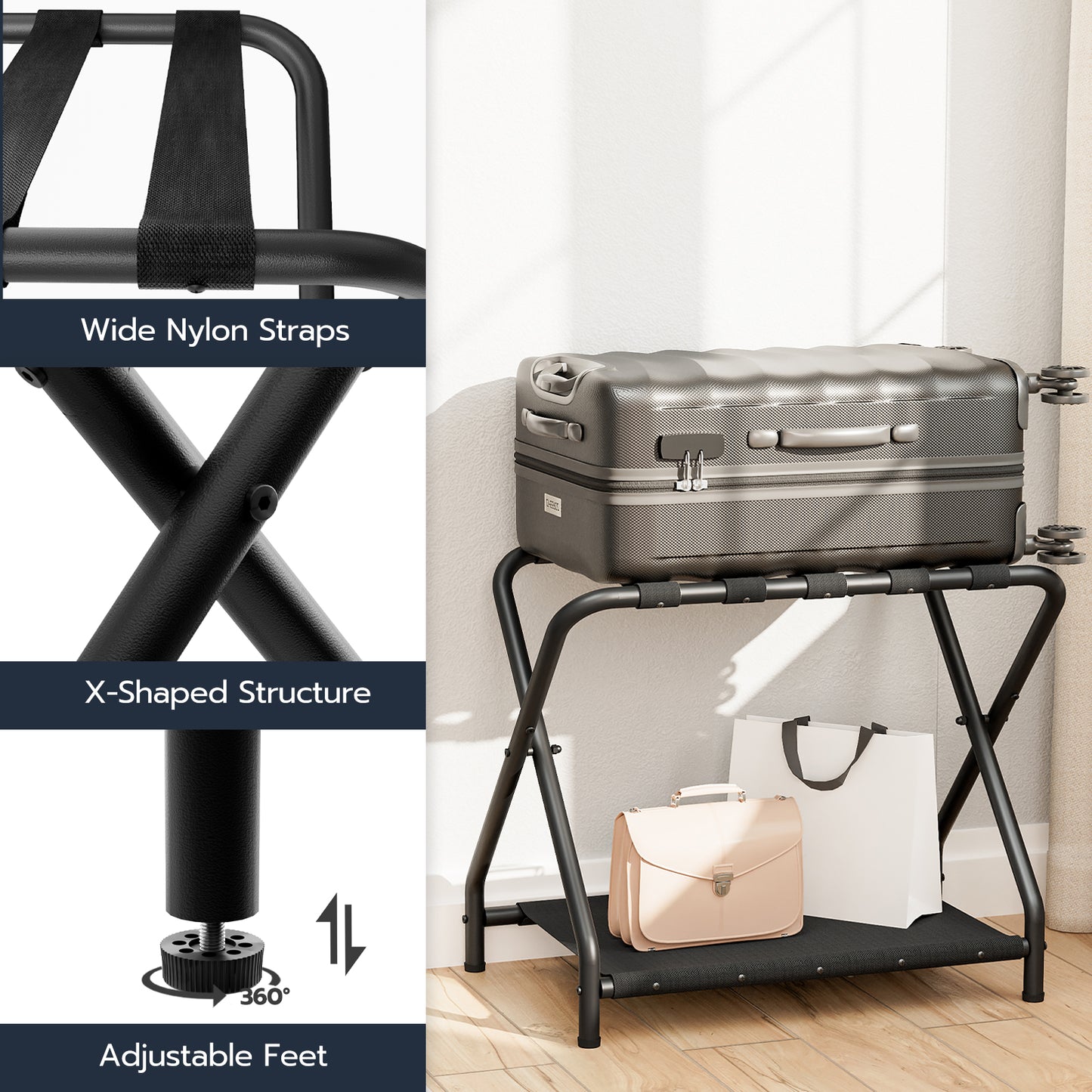 HOOBRO Folding Luggage Rack with Fabric Shelf