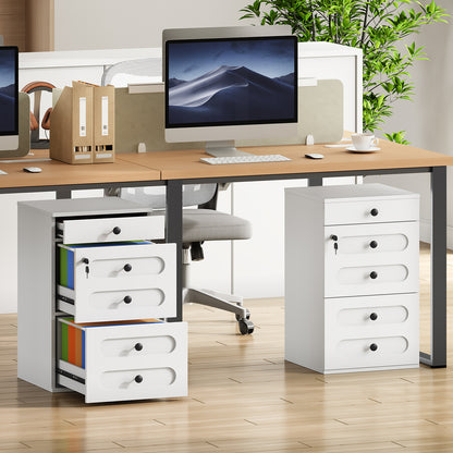 Modern office desk setup with computer, chairs, and storage drawers.