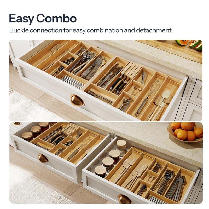 Wooden drawer organizer with cutlery and spices, showing easy combination and detachment feature.
