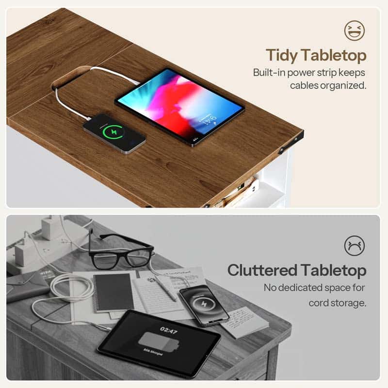 Comparison of a tidy and cluttered tabletop with a power strip and electronic devices.