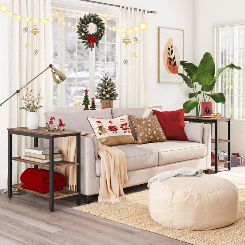 Rustic brown accent table blending seamlessly into a festive living room holiday decor
