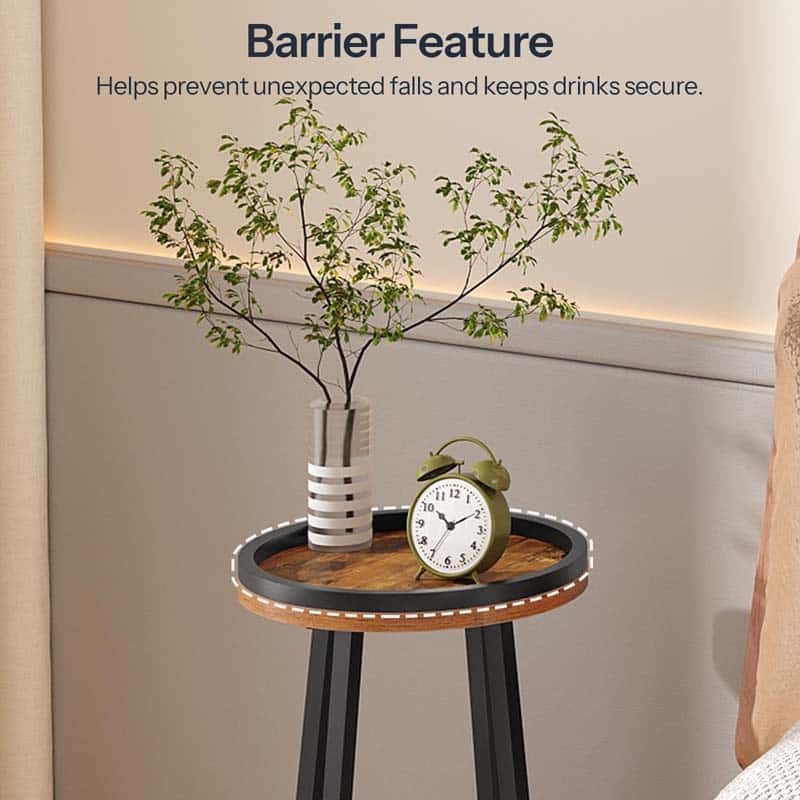 Close up of the round tabletop detailing the anti-drop raised safety metal barrier rim holding a green vase and a clock.