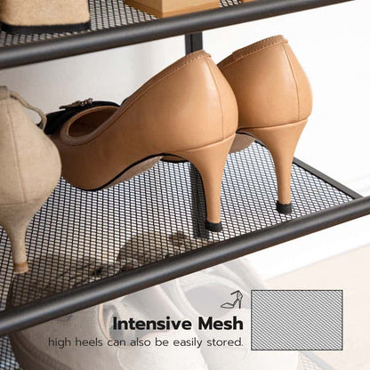 Beige high-heeled pumps displayed on a black wire mesh shoe shelf, with a close-up inset showing the mesh texture and the text 'Intensive Mesh high heels can also be easily stored.'.