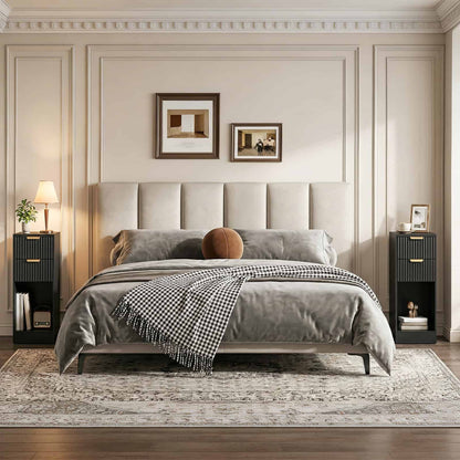 HOOBRO Slim Narrow 2-Drawer Black Fluted Nightstand