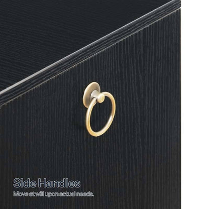 Close-up of a black wood cabinet or drawer front with a round gold ring pull handle, plus overlaid text reading 'Side Handles' and 'Move at will upon actual needs.'.