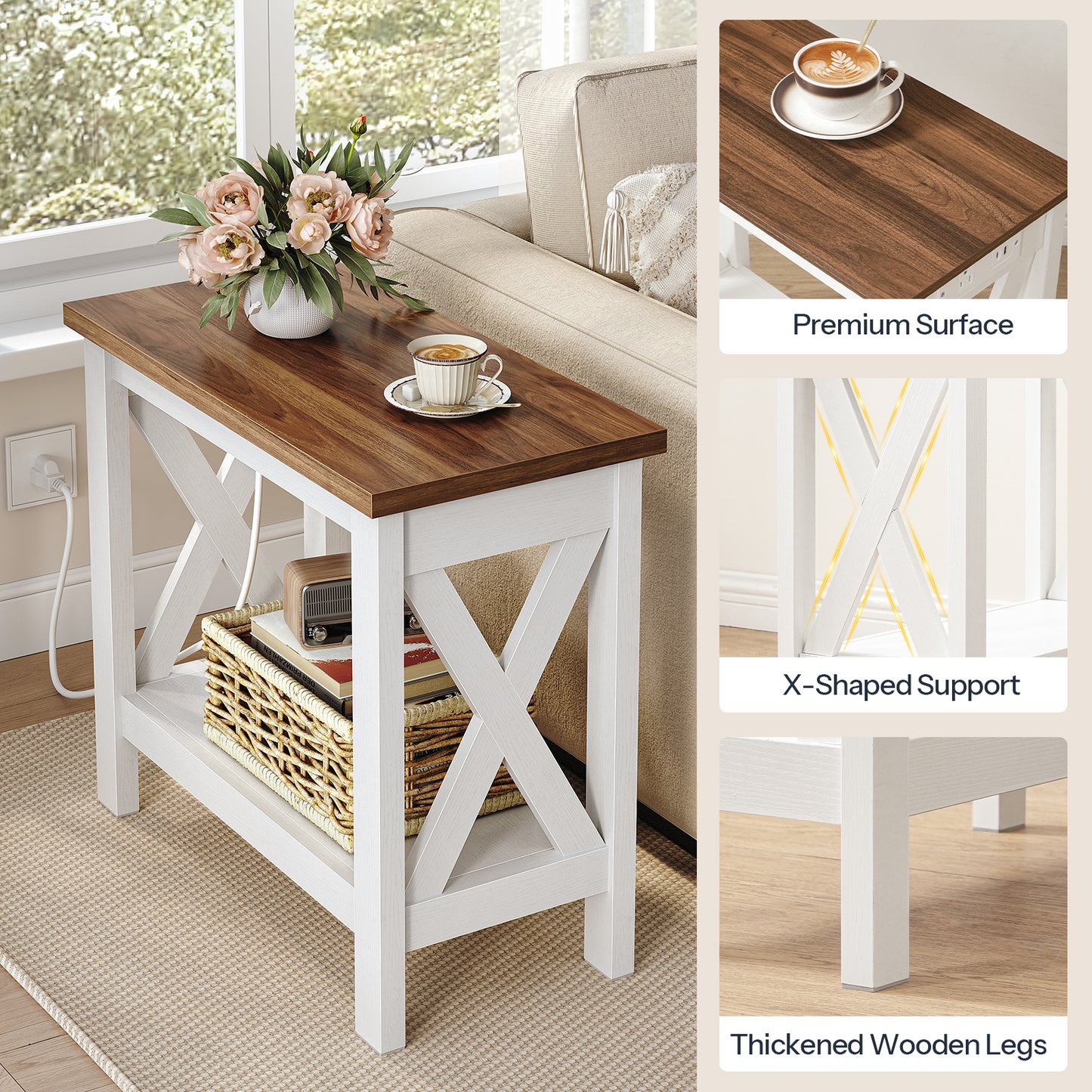 HOOBRO Farmhouse Style Narrow Side Table with Charging Station