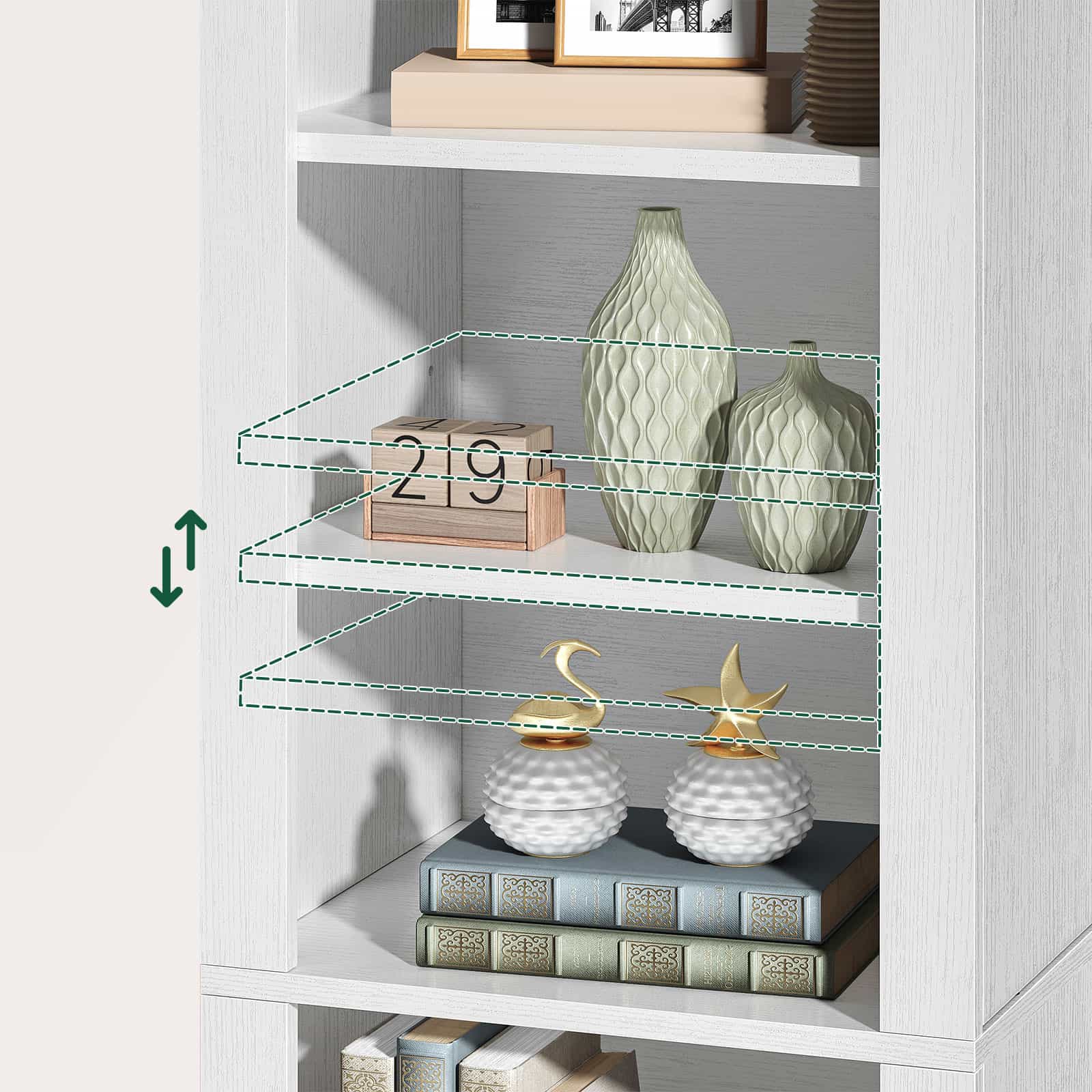 White bookshelf with decorative items including vases and books against a light gray wall.