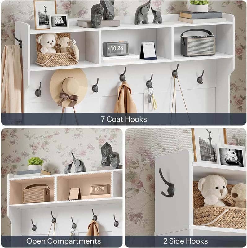 White wall shelf with hooks and compartments against a floral wallpaper background