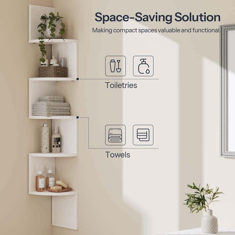 White corner shelf with bathroom items against a beige wall, labeled for space-saving solution.